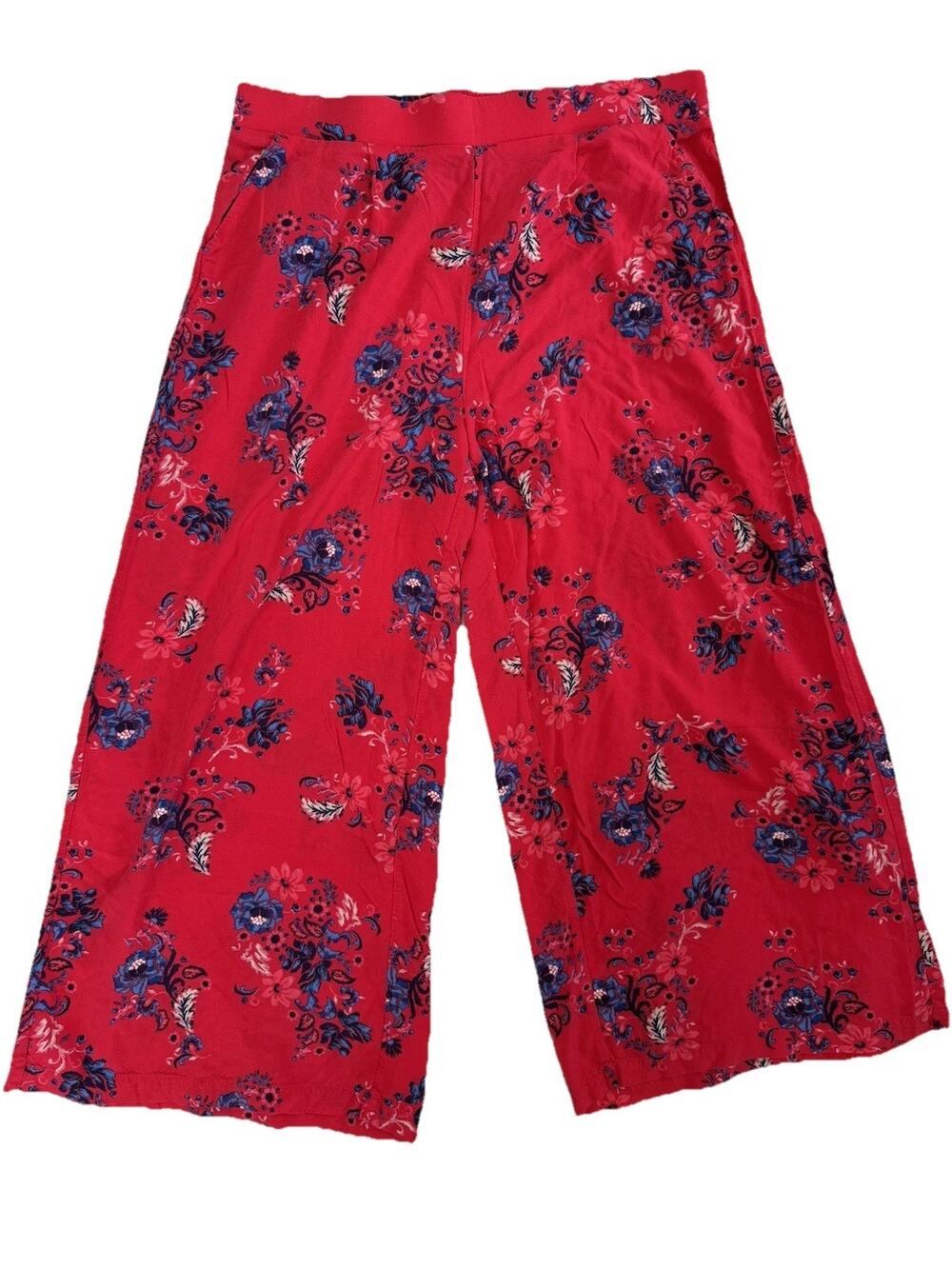 Torrid Women's Red/Blue Floral Wide-Leg Pull-On Pants Elastic Waist